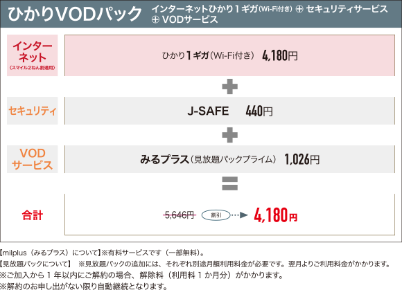 ひかりVODパック　インターネットひかり1ギガ（Wi-Fi付き）＋セキュリティサービス＋VODサービス